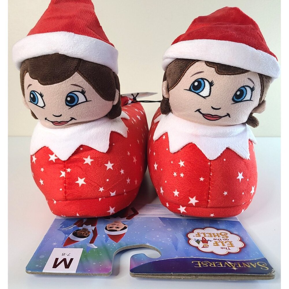 The Elf On The Shelf Plush Slippers Women's M 7-8 Red & White Stars Christmas